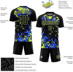Conjunto de Camiseta de Fútbol para Hombre, Negro, Azul Neón, Estampado de Camuflaje, Manga Corta, Absorbe la Humedad, Ajuste Atlético, Uniforme Sublimado - Product Image 3