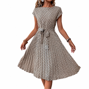 Vestido maxi de mujer con estampado geométrico, corte en A, sin mangas, cuello redondo, informal, de verano, tejido, transpirable, holgado, con cintura imperio, de seda. - Product Image 5