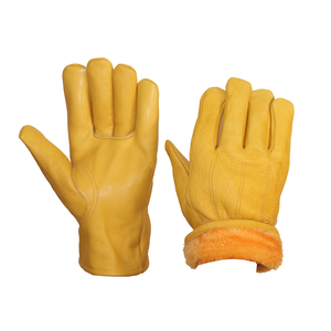Gants en cuir jaunes avec doublure en fausse fourrure, thermiques, pour usage extérieur en hiver, longueur poignet, style uni - Product Image 3