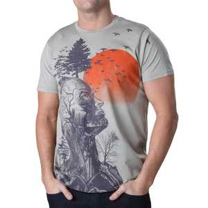 เสื้อยืดสีเทาสำหรับผู้ชาย พิมพ์ลายต้นไม้และพระอาทิตย์ตก แขนสั้น คอกลม ทรงลำลอง ผ้าโพลีเอสเตอร์ถัก เสื้อยืดออกกำลังกาย แฟชั่นยอดนิยม - Product Image 1