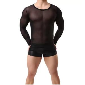 Camiseta negra ajustada de manga larga con malla transparente para gimnasio, fitness, ejercicio, entrenamiento muscular, transpirable, para hombre. - Product Image 3