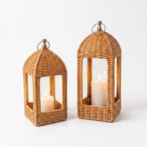 <b>Rattan</b> Handmade Candle <b>Lantern</b> Set with Stainless Steel Ring All-Weather Outdoor Patio & Indoor Tabletop Decor Factory Direct - Product Image 1