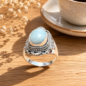 Natural Larimar Statement <b>Ring</b> 925 Sterling <b>Silver</b> Vintage Filigree <b>Ring</b> Handmade Boho Gemstone Jewelry Gift <b>for</b> Her <b>Men</b> Unisex - Product Image 4