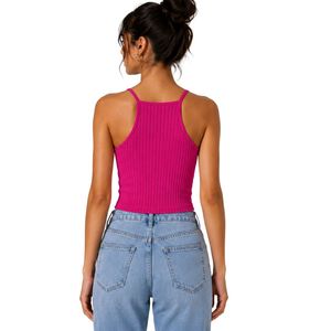 Camiseta Corta de Punto Acanalado Rosa Intenso Personalizada para Mujer, sin Mangas, con Tirantes Finos, Ajustada, Informal de Verano, con Logotipo Personalizado OEM - Product Image 2