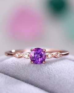 Bague de fiançailles en améthyste, argent 925 plaqué or rose 14 carats, CZ rond, style Art Déco, bague de mariée - Product Image 1
