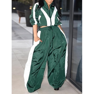 Women's Eco-Friendly Polyester Green <b>White</b> Stripe <b>2</b>-<b>Piece</b> Long Sleeve Loose Fit Satin Sporty Tracksuit Set Full Length All - Product Image 3