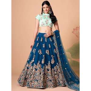 Espectacular Dove Blue Mirror Work Net Event Wear Lehenga Choli - Product Image 2