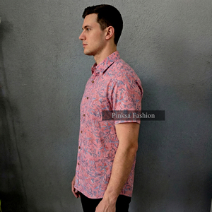 Chemise boutonnée à manches courtes pour homme, personnalisée OEM, imprimé floral rose, 100% coton, imprimé en bloc, haut d'été - Product Image 3