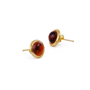 Pendientes de tuerca solitarios de granate Hassonite, chapados en oro, hechos a mano, con cabujón de piedra preciosa redonda, joyería de latón R - Product Image 4