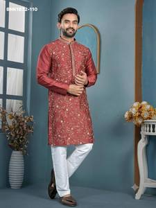 Festival wear Trendy Silk with Embroidered-All Over work & Full-Sleeve Readymade <b>Man's</b> <b>Kurta</b>-Payjama Supplier from Surat - Product Image 4