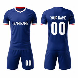 Maillot de football bleu pour homme, col en V, manches courtes, personnalisable avec le nom de l'équipe, ensemble uniforme en polyester anti-humidité avec poches - Product Image 1