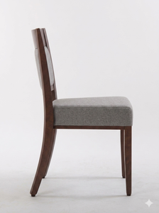 Chaise de salle à manger moderne en bois avec assise et dossier rembourrés en tissu gris, structure en bois massif finition noyer, chaise de cuisine pour la maison - Product Image 3