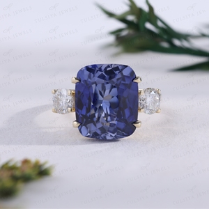 Vintage Blue Cushion <b>Ring</b> Brilliant Round Accent Gold 3 Stone Cocktail <b>Ring</b> Anniversary Jewelry - Product Image 1