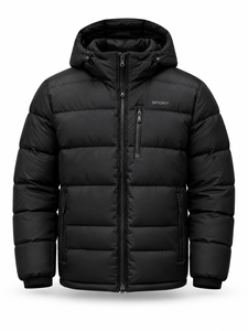 Chaqueta Acolchada con Capucha para Hombre, Negra, Cálida, Cortavientos, con Cierre Frontal, Color Sólido, Relleno de Poliéster, Corte Regular, Estilo Deportivo - Product Image 1