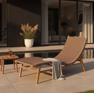 Chaise longue manuelle ergonomique en teck tressé sans accoudoirs pour extérieur, mobilier de villa et de bord de piscine - Product Image 2