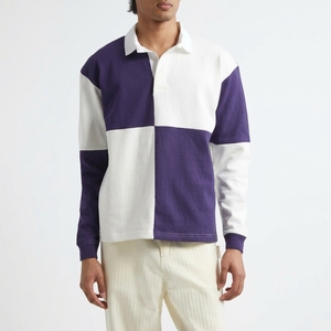 Camiseta Polo de Punto de Manga Larga para Hombre, Estilo Casual, con Bloques de Color Blanco y Morado, Precio de Fábrica - Product Image 1