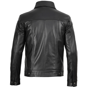 Veste de luxe pour homme en cuir véritable, coupe ajustée, en peau de mouton véritable, noire, style camionneur, boutonnée, vintage, décontractée, manteau d'extérieur, vente en gros - Product Image 4