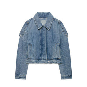 Womens <b>Cropped</b> <b>Denim</b> <b>Jacket</b> Shoulder Epaulet Drop Shoulder Vintage Wash Distressed Collar Boxy Jean <b>Jacket</b> Streetwear Wholesale - Product Image 1