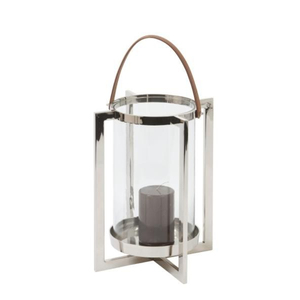Cylindre en verre en acier inoxydable et poignée en cuir pour la décoration de la maison, porte-bougie en verre métallique, décoration de table à manger - Product Image 1