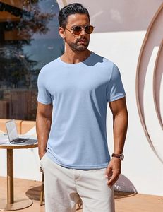 Camiseta de Manga Corta para Hombre, Cuello Redondo, Ajustada, Color Azul Claro, Tejido Transpirable, Estilo Casual, Color Sólido - Product Image 4