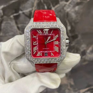 Reloj de pulsera Shrilike Jewel Iced personalizado con esfera cuadrada, números romanos, esfera roja, reloj de lujo para hombre, correa de cuero, caja de alta calidad - Product Image 1