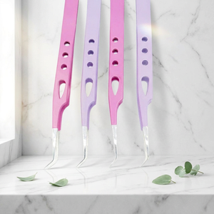 Pinces professionnelles pour extensions de cils, finition violette, pointe incurvée, instruments pour techniciennes en cils et usage en salon - Product Image 2