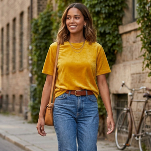 T-shirt en velours jaune pour femme, coupe classique, manches courtes, 100 % velours, t-shirts en velours pour femmes, vêtements décontractés, t-shirt en velours léger - Product Image 1