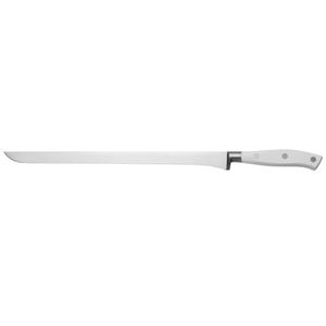 Couteaux à découper à lame droite avec poignée rivetée blanche et longue lame argentée pour trancher les jambons délicats, portionner la viande et servir les plats - Product Image 1