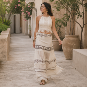 Ensemble coordonné pour femme, style bohème, en coton à franges, comprenant un crop top dos nu et un pantalon palazzo à jambes larges, à motifs géométriques tribaux, pour festival, resort, plage, été - Product Image 2