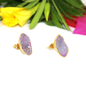 Goran Vogue Punk Style Purple Geode Druzy Skeleton 24K Gold Plated <b>Brass</b> Women's Gift Stud Earrings - Product Image 3