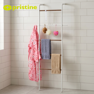 Freestanding Black Steel Towel Ladder With Wooden Bars Industrial Bathroom Organizer <b>Shelf</b> Bars Movable <b>Bath</b> - Product Image 3