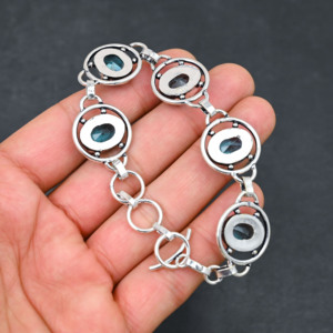 Customised Blue Topaz Tennis <b>Bracelet</b> 925 Sterling <b>Silver</b> Rhodium Plated <b>Adjustable</b> Handmade Jewelry Oval Gift - Product Image 4