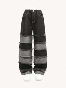 Pantalon en jean moto coupe droite taille haute pour homme, grande taille, effet usé, patchwork, coton, coupe classique, décontracté, fermeture boutonnée, adouci - Product Image 3