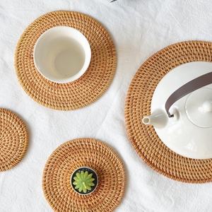 Drink Hand <b>Woven</b> Rattan <b>Placemat</b> Braided Rattan Coaster <b>Placemat</b> with Holder - Product Image 1