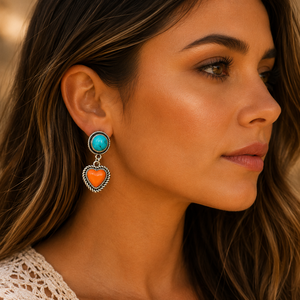 Turquoise Heart <b>Post</b> <b>Earrings</b> Orange Heart Blue Round Stone 925 Silver Jewelry for Women Fashion Gift Wear - Product Image 3