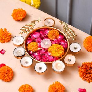 Handcrafted Peacock Shape Decorative Urli Bowl | Floating Flower & <b>Tealight</b> Candle Holder | Metal Table Centerpiece for Home Off - Product Image 3