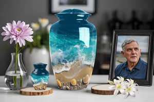 Ocean Shell Print Metal Urn Cremation Memorial Vessel Adult <b>Ashes</b> <b>Keepsake</b> Jar Table Display - Product Image 2