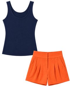 Manufacturer Custom <b>Navy</b> Blue Tank <b>Top</b> With Orange Shorts Women Summer Casual Two Piece Set Sleeveless Lounge Wear Outfit Set - Product Image 1