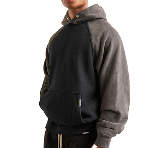 Sweat-shirt à capuche unisexe surdimensionné à manches régulières, couleur unie, en molleton, décontracté, pour l'hiver, noir, gris, design patchwork, effet délavé - Product Image 1