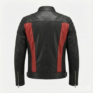 Men Black Red Leather Motorcycle <b>Jacket</b> Cafe <b>Racer</b> Biker Coat Slim Fit Stand Collar Zip Motocross Genuine Lambskin Riding <b>Jacket</b> - Product Image 5