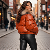 Veste matelassée d'hiver pour femme en cuir véritable à carreaux, coupe-vent, avec col en fourrure de renard amovible, style streetwear, fermeture éclair, 85% fine