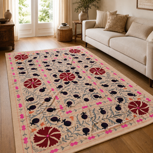 Drap de lit en coton brodé Suzani traditionnel, rouge multicolore, floral, fait main, style bohème, couvre-lit artisanal indien, décoration ethnique pour la maison - Product Image 3