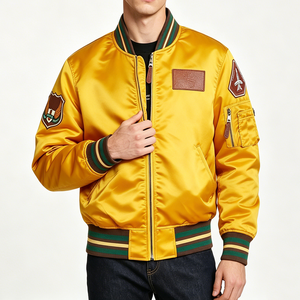 Custom Logo Men's <b>Retro</b> Souvenir Satin Flight Varsity <b>Jacket</b> <b>Leather</b> Chest Patch Striped Cuff Embroidered Letterman Bomber Coat - Product Image 6