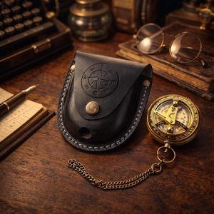 Pocket Polish MAGNESIA Sundial <b>Compass</b> Vintage Leather Case <b>Chain</b> Push Open 5.08 cm Steampunk Accessory Beautiful Gift - Product Image 1