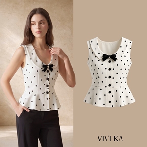 Blusa Vintage Blanca de Terciopelo con Lazo y Botones Delanteros, Cuello Peter Pan, Sin Mangas, con Peplum y Estampado de Puntos para Mujer, Estilo FIORA, ODM OEM - Product Image 1