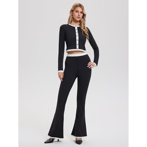 Conjunto de 2 Piezas Estilo Y2K para Mujer, Top Corto de Manga Larga y Pantalones Acampanados, Tejido de Punto, Color Negro Sólido, Transpirable, Elegante, para Todas las Temporadas - Product Image 2