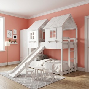 Cama litera doble con diseño de casa, con tobogán y escalera, de madera de pino maciza, muebles multifuncionales para dormitorio infantil - Product Image 1