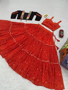 Georgette Bandhej Lehenga Choli With Mirror Work Cotton <b>Jacket</b> Ribbon Work Navratri Festival Wear Collection - Product Image 4