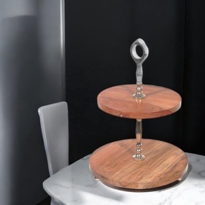Stylish Mango Wood 2 <b>Tier</b> <b>Cake</b> Stand With Metal Handle Modern Dessert Display Tray For Parties Events And Home Decor - Product Image 1