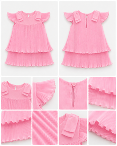 Robe plissée rose pour bébés filles avec manches à volants et jupe à étages, style mini uni mignon pour enfants - Product Image 3